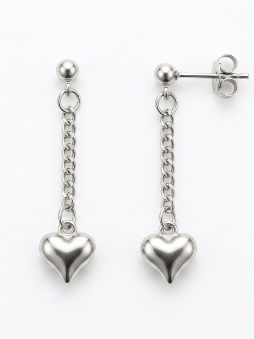 Silver Tone Dangle Heart Earrings Double Chain Drop Puffy Heart Studs Y2K